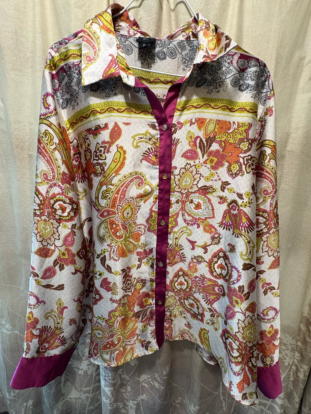 Paisley Print Button-Down Shirt with Magenta Trim